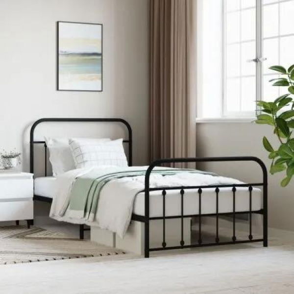 Metal Bed Frame with Headboard and Footboard Black 106x203 cm King Single Size