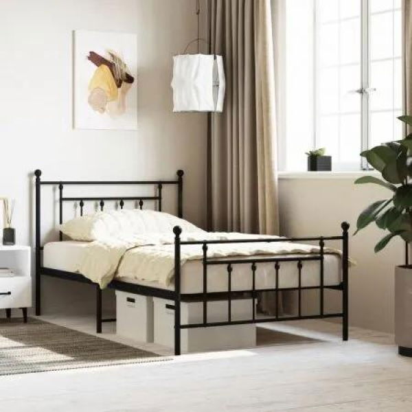 Metal Bed Frame with Headboard and Footboard Black 106x203 cm King Single Size