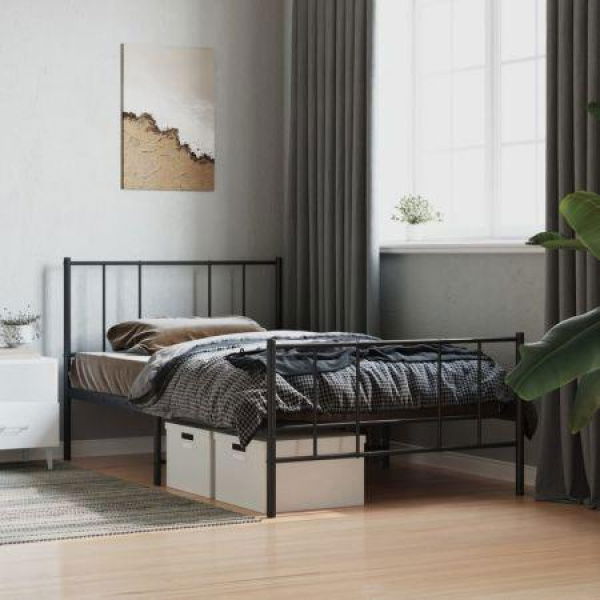 Metal Bed Frame With Headboard And Footboard Black 107x203 Cm King Single Size