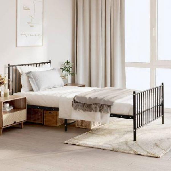 Metal Bed Frame With Headboard And Footboard Black 107x203 Cm