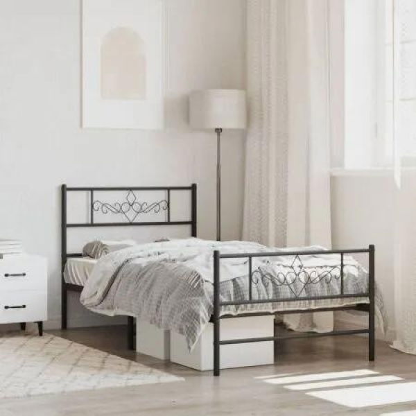 Metal Bed Frame with Headboard and Footboard Black 107x203 cm