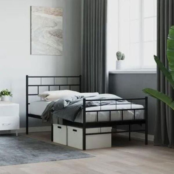 Metal Bed Frame with Headboard and Footboard Black 107x203 cm