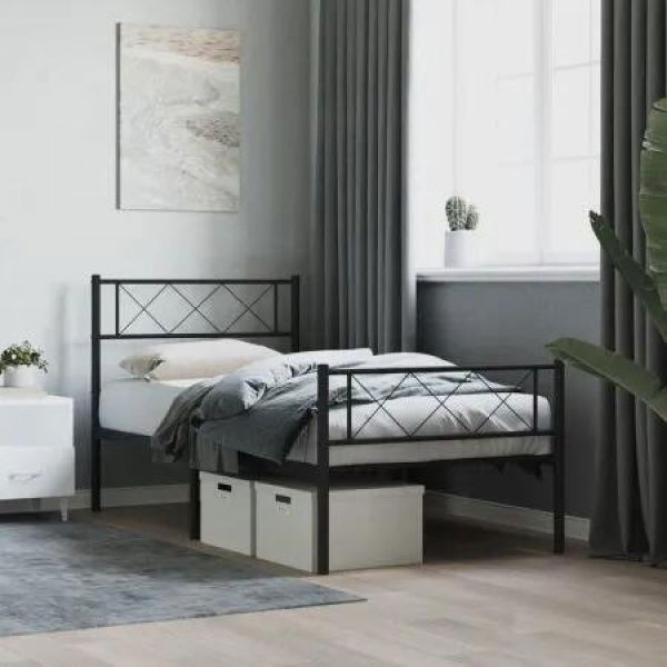 Metal Bed Frame with Headboard and Footboard Black 107x203 cm