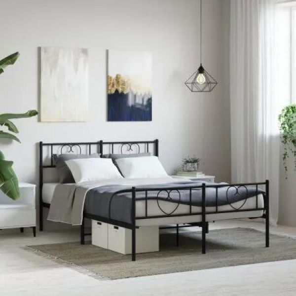 Metal Bed Frame with Headboard and Footboard Black 135x190 cm