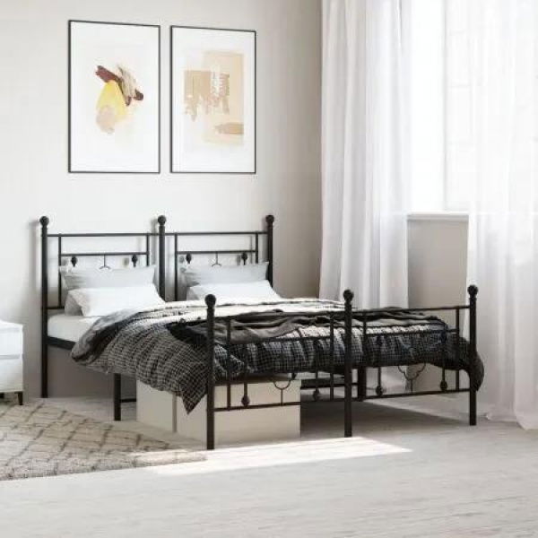 Metal Bed Frame with Headboard and Footboard Black 135x190 cm