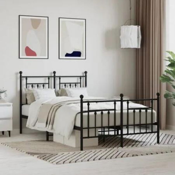 Metal Bed Frame with Headboard and Footboard Black 137x187 cm Double Size