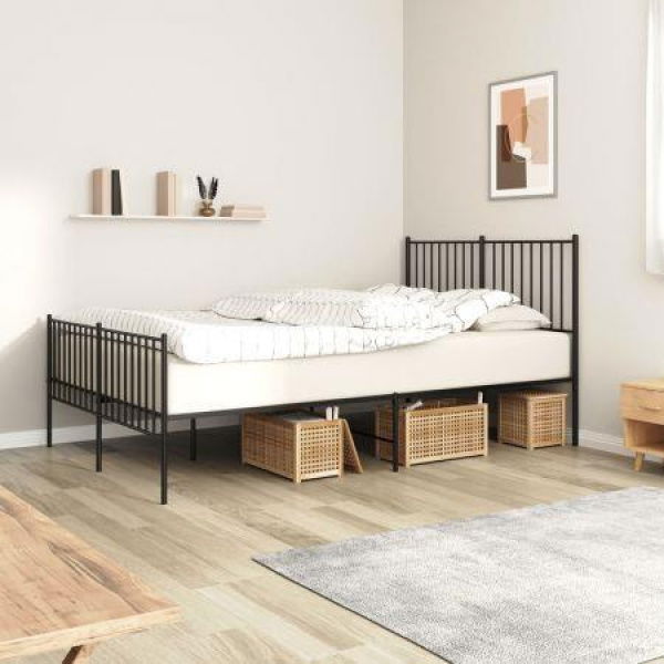 Metal Bed Frame With Headboard And Footboard Black 137x187 Cm Double