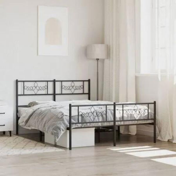 Metal Bed Frame with Headboard and Footboard Black 150x200 cm