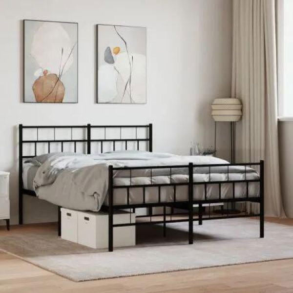 Metal Bed Frame with Headboard and Footboard Black 150x200 cm