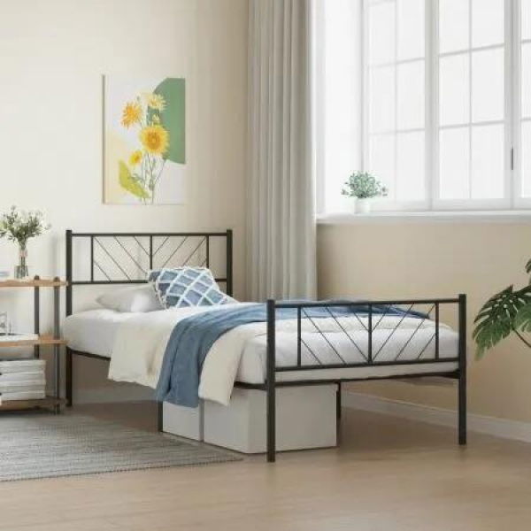 Metal Bed Frame with Headboard and Footboard Black 92x187 cm Single Size