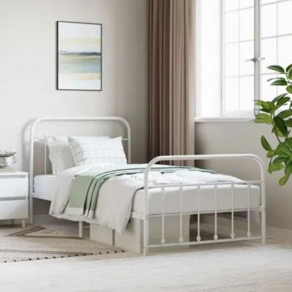 Metal Bed Frame with Headboard and Footboard White 106x203 cm King Single Size