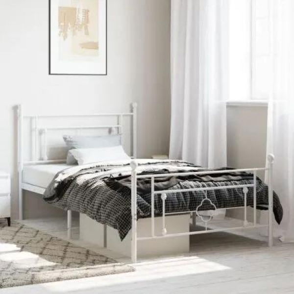 Metal Bed Frame with Headboard and Footboard White 107x203 cm