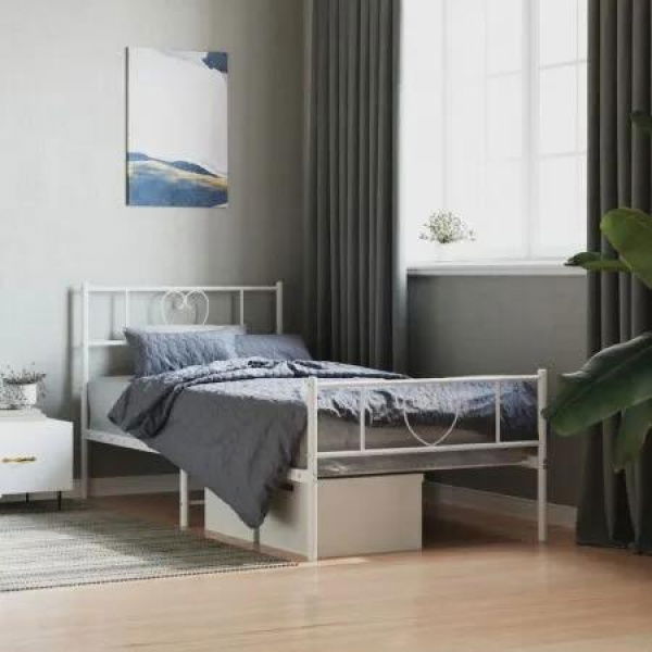 Metal Bed Frame with Headboard and Footboard White 107x203 cm