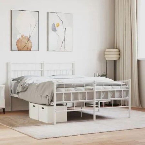 Metal Bed Frame with Headboard and Footboard White 135x190 cm