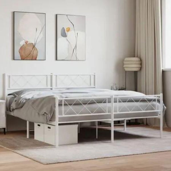 Metal Bed Frame with Headboard and Footboard White 135x190 cm