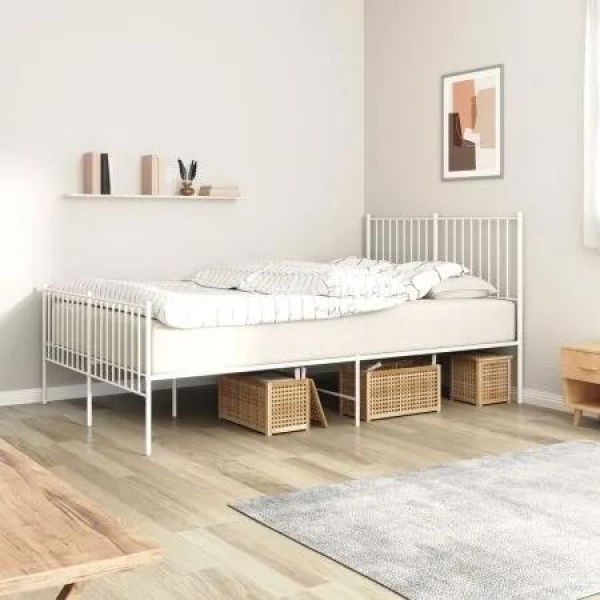 Metal Bed Frame with Headboard and Footboard White 137x187 cm Double