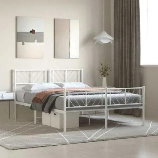 Metal Bed Frame with Headboard and Footboard White 150x200 cm