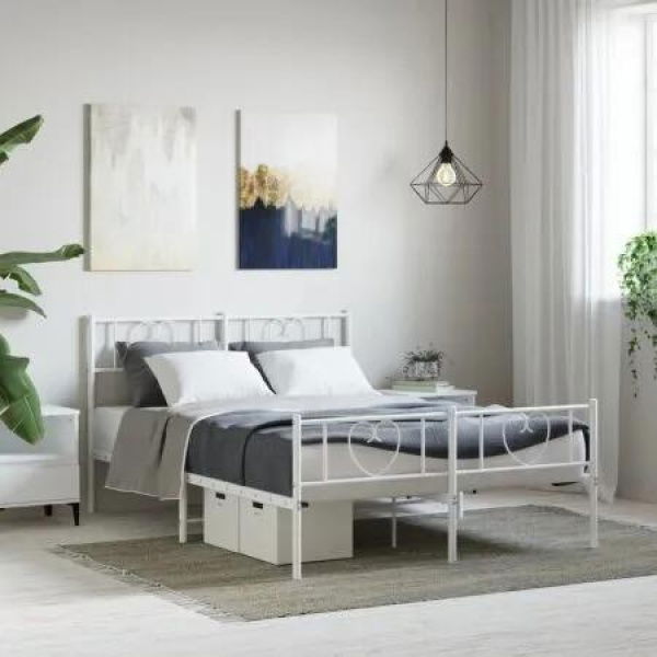 Metal Bed Frame with Headboard and Footboard White 150x200 cm