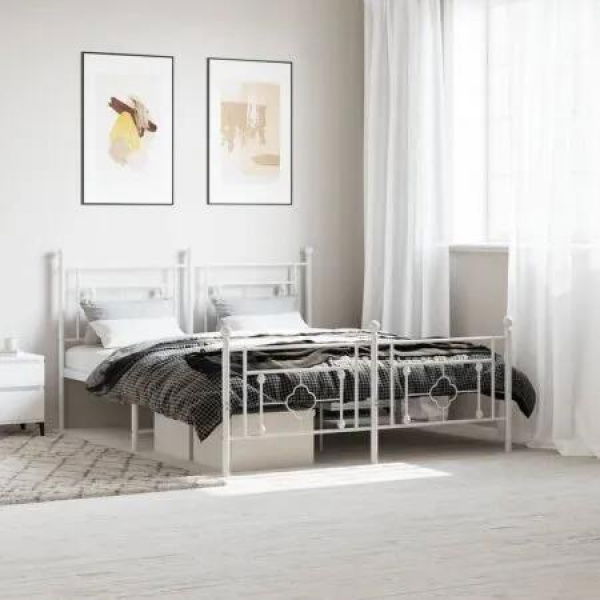 Metal Bed Frame with Headboard and Footboard White 150x200 cm