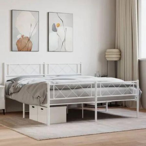 Metal Bed Frame with Headboard and Footboard White 150x200 cm