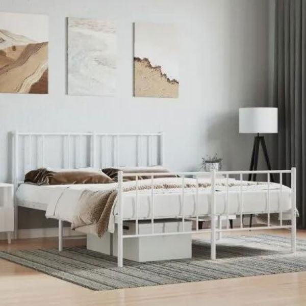 Metal Bed Frame with Headboard and Footboard White 153x203 cm Queen Size