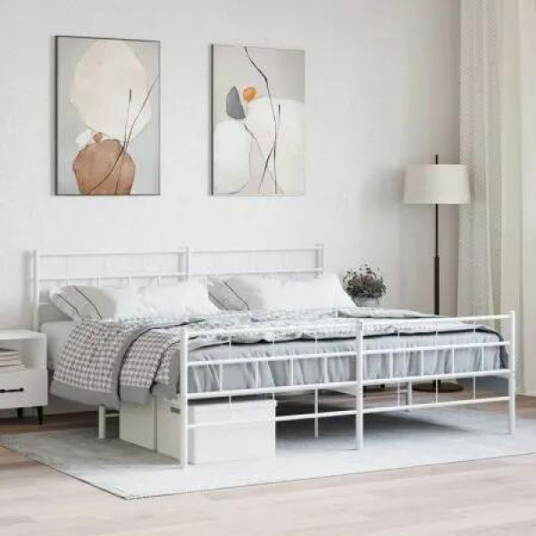 Metal Bed Frame with Headboard and Footboard White 183x203 cm King Size