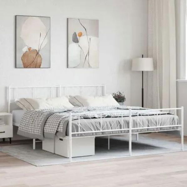 Metal Bed Frame with Headboard and Footboard White 183x203 cm King Size