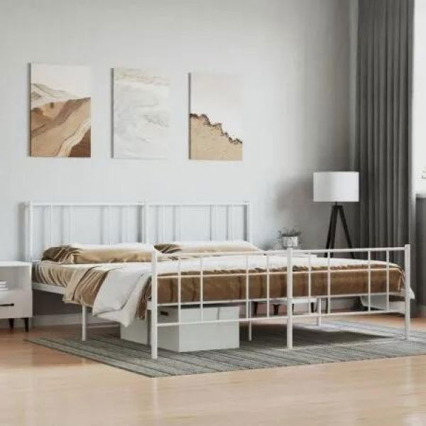 Metal Bed Frame with Headboard and Footboard White 183x203 cm King Size