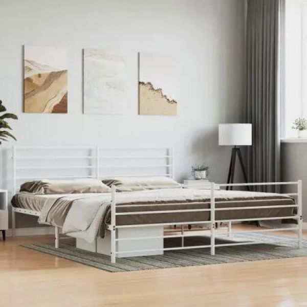 Metal Bed Frame with Headboard and Footboard White 183x203 cm King