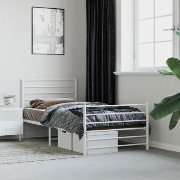 Metal Bed Frame With Headboard And Footboard White 92x187 Cm Single