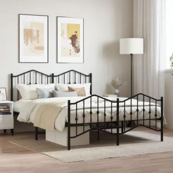 Metal Bed Frame with Headboard and FootboardÂ Black 135x190 cm