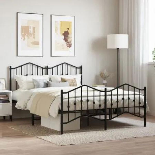 Metal Bed Frame with Headboard and FootboardÂ Black 150x200 cm