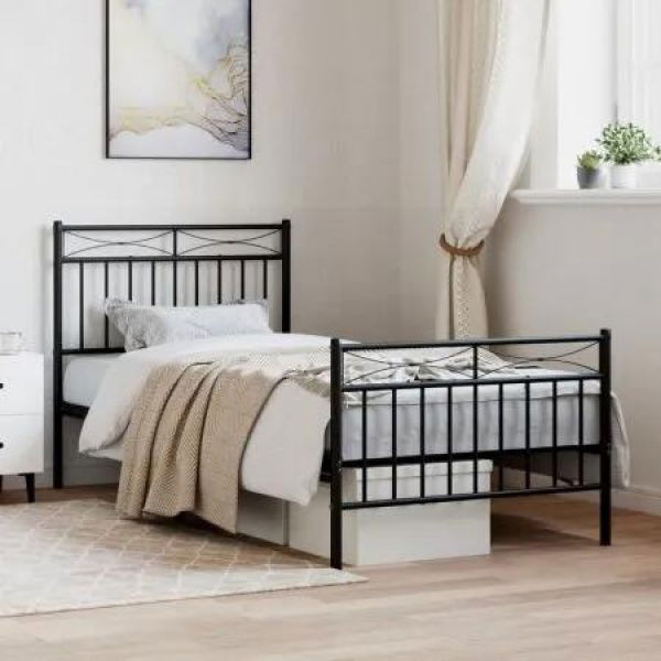 Metal Bed Frame with Headboard and FootboardÂ Black 92x187 cm Single Size