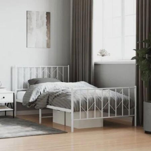 Metal Bed Frame with Headboard and FootboardÂ White 107x203 cm