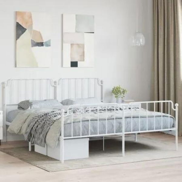 Metal Bed Frame with Headboard and FootboardÂ White 183x203 cm King Size