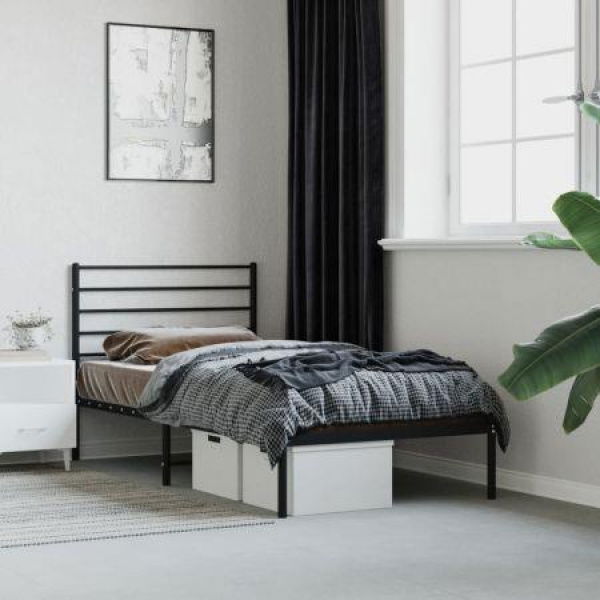 Metal Bed Frame With Headboard Black 107x203 Cm King Single Size