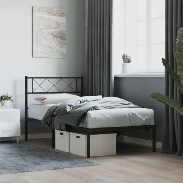 Metal Bed Frame with Headboard Black 107x203 cm