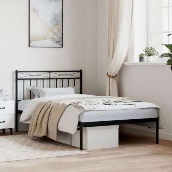 Metal Bed Frame with Headboard Black 107x203 cm