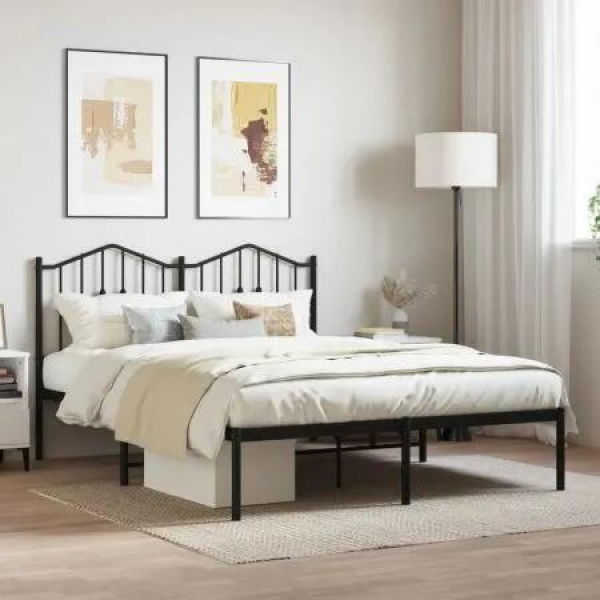 Metal Bed Frame with Headboard Black 135x190 cm