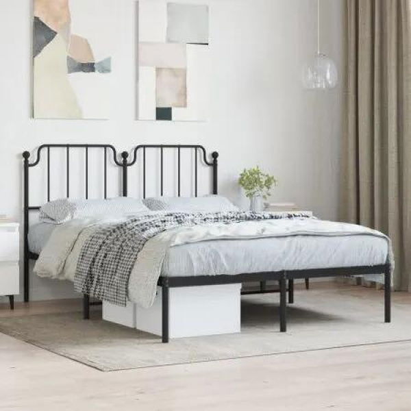 Metal Bed Frame with Headboard Black 135x190 cm