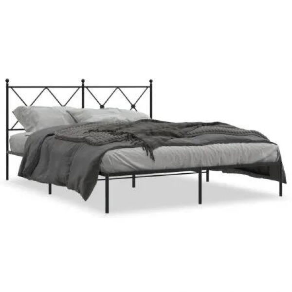 Metal Bed Frame with Headboard Black 150x200 cm