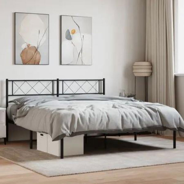 Metal Bed Frame with Headboard Black 150x200 cm