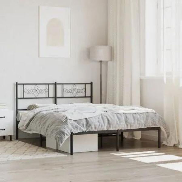 Metal Bed Frame with Headboard Black 150x200 cm