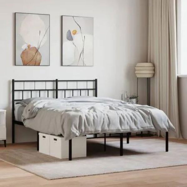 Metal Bed Frame with Headboard Black 150x200 cm