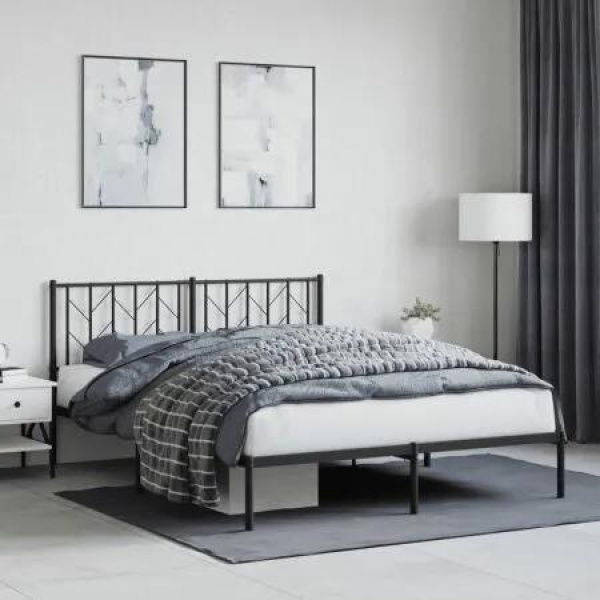 Metal Bed Frame with Headboard Black 150x200 cm