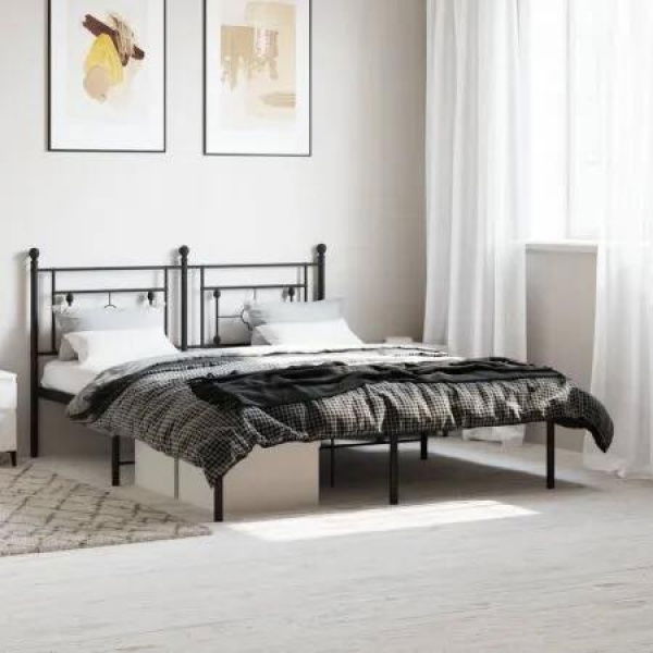 Metal Bed Frame with Headboard Black 150x200 cm