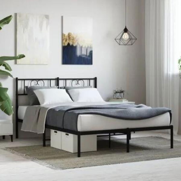 Metal Bed Frame with Headboard Black 150x200 cm