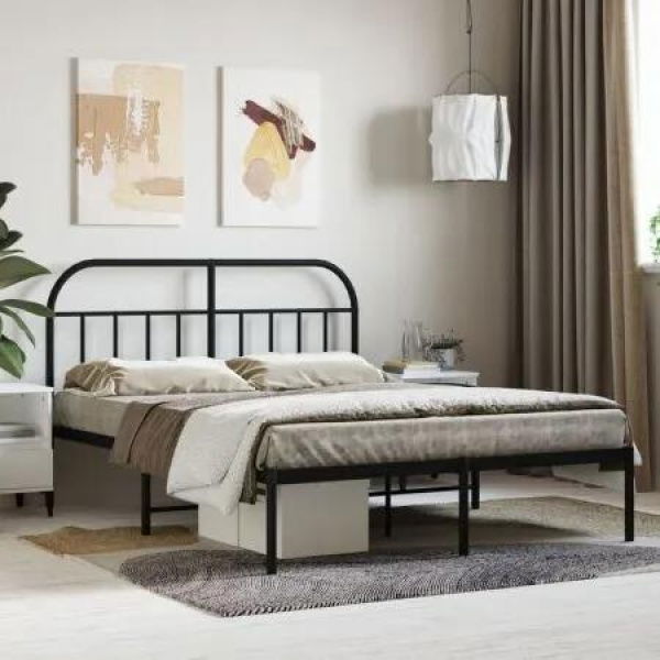 Metal Bed Frame with Headboard Black 153x203 cm Queen Size