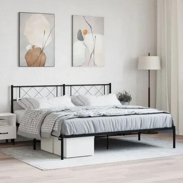 Metal Bed Frame with Headboard Black 183x203 cm King Size