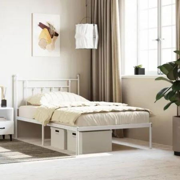 Metal Bed Frame with Headboard White 106x203 cm King Single Size